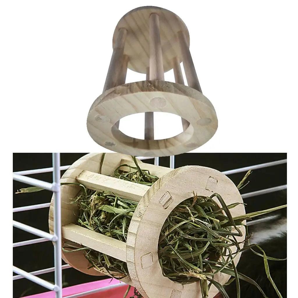 Rabbit Hay Feeder Rack Wooden Food Manger Cylindrical Stand Grass Holder for Small Pets Bunny Chinchilla Guinea Pigs Small Pets