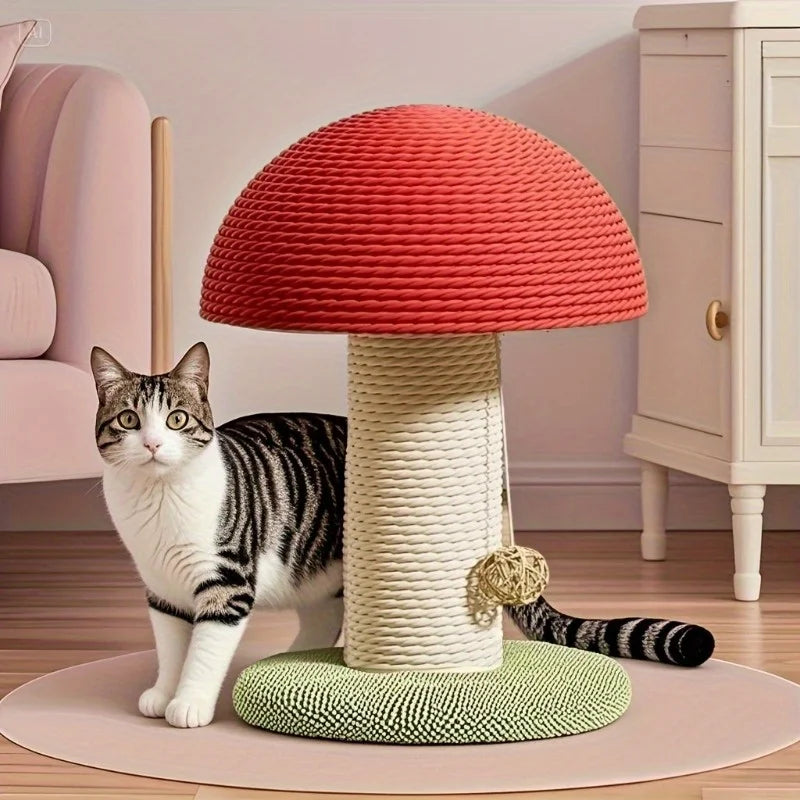 Red Mushroom-Shaped Cat Scratching Post with Sisal Scratching Pad, Mini Pet Villa & Green Pom-Pom Base