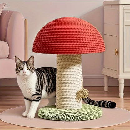 Red Mushroom-Shaped Cat Scratching Post with Sisal Scratching Pad, Mini Pet Villa & Green Pom-Pom Base