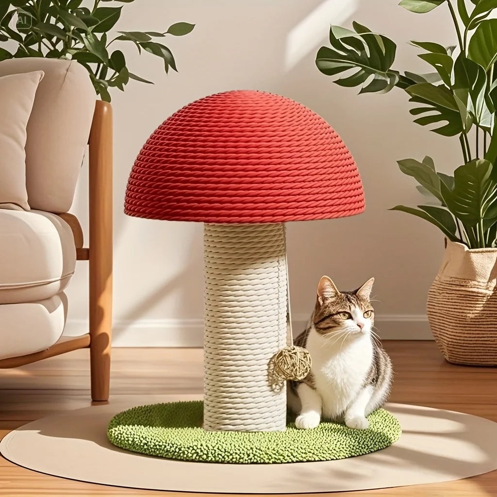 Red Mushroom-Shaped Cat Scratching Post with Sisal Scratching Pad, Mini Pet Villa & Green Pom-Pom Base