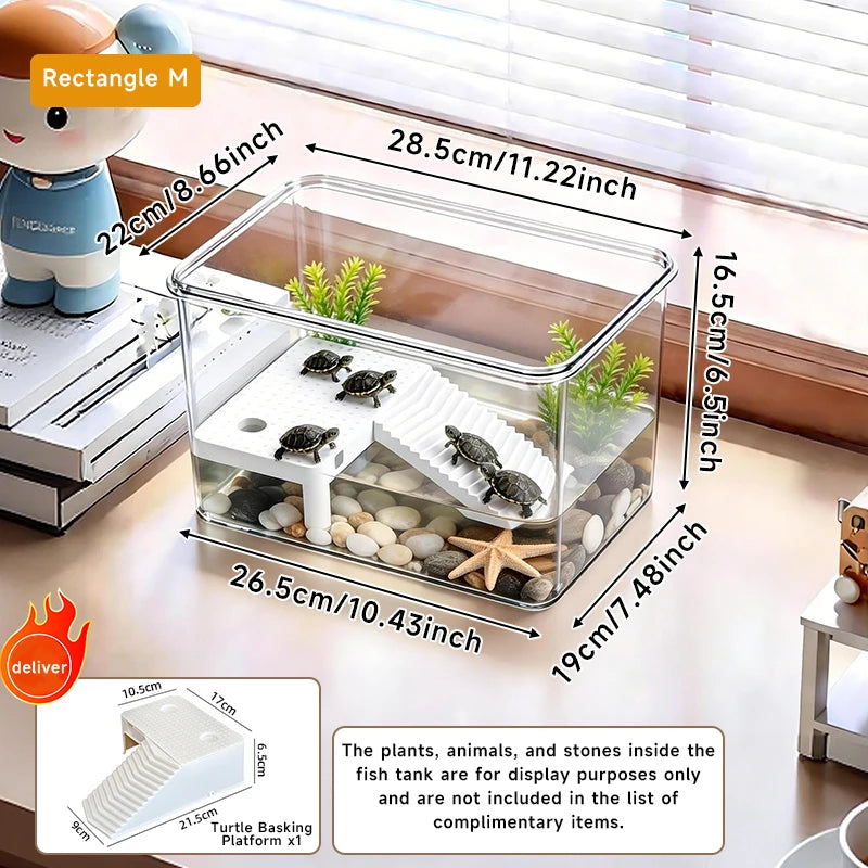 Transparent Reptile Terrarium Tank with Basking Area for Pet Turtles Hermit Crabs Tortoises - Turtle Adoption Habitat