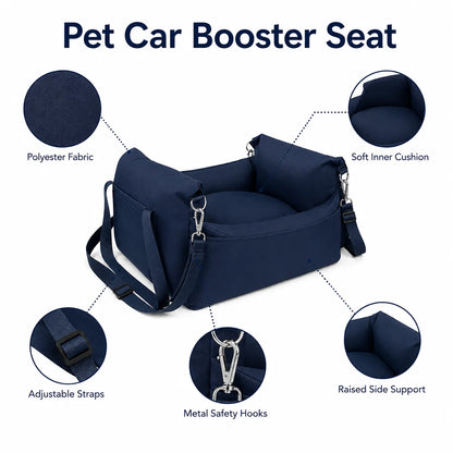 Pet Car Booster Seat for Small Dogs | Dark Blue Polyester Fabric | Removable Cushion & Safety Straps | Cozy Travel Bed