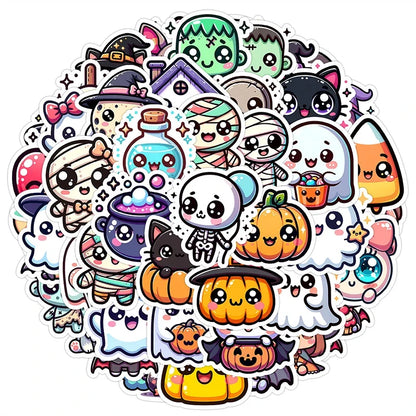 50PCS Halloween Stickers Cute Cartoon Cat Pumpkin Fun Holiday Decals Pack | Vinyl Waterproof Scrapbook Stickers