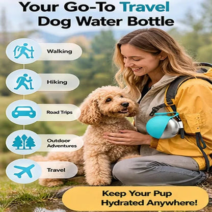 Plastic pet water bottle, outdoor preparation with pink and blue foldable bowls,