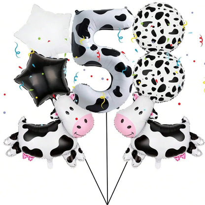 7pcs Cow Print Number Balloon Set | Farm Animal Birthday Party Decoration