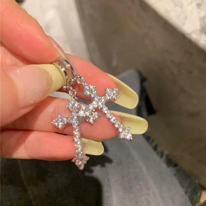 Korean Sliver Color Zircon Cross-Shape Drop Earrings | Punk Hip Hop Crystal Pendant Earrings