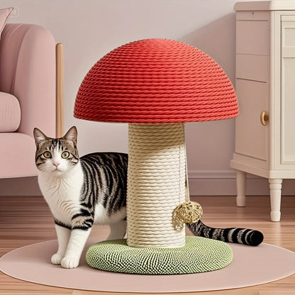 Red Mushroom-Shaped Cat Scratching Post with Sisal Scratching Pad, Mini Pet Villa & Green Pom-Pom Base