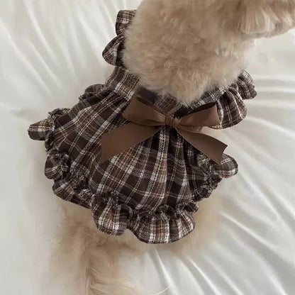 Pet Spring Plaid Flower Bud Pants Cute Pumpkin Skirt Dog Princess Plaid Bow Skirt Teddy Puppy Clothes Dog Pajamas