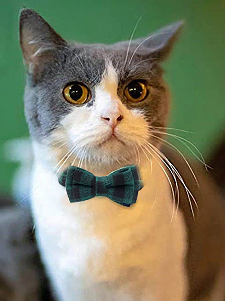 Pet Cat Adjustable Collar, British Plaid Bow Tie Collar, Pet Bell Collar with Buckle, Cat Dog Collar, 1PC
