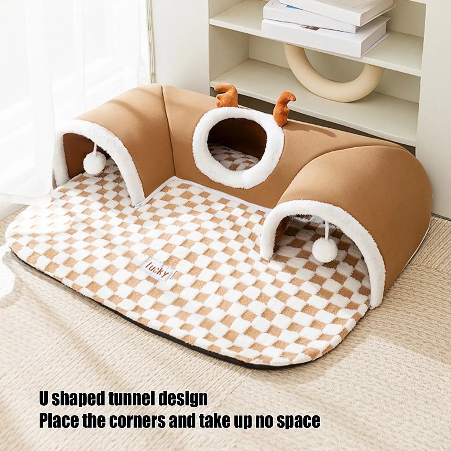 Cat Bed and Play Tunnel Warm House Tent with Plush Mat Indoor Hideaway Corner Shelter Foldable Pet Furniture for Kittens Cats