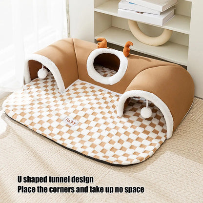 Cat Bed and Play Tunnel Warm House Tent with Plush Mat Indoor Hideaway Corner Shelter Foldable Pet Furniture for Kittens Cats