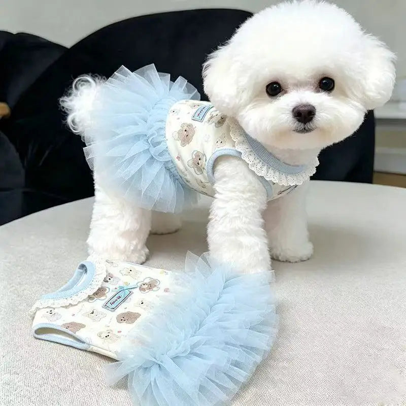 Pet Dresses Cat Pet Summer Clothes Pink Bow Teddy Skirt Small and Medium-sized Dog Cartoon Printed Vest Casual Female Dog Dress