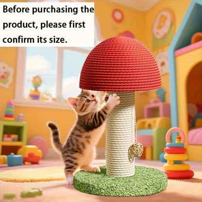 Red Mushroom-Shaped Cat Scratching Post with Sisal Scratching Pad, Mini Pet Villa & Green Pom-Pom Base