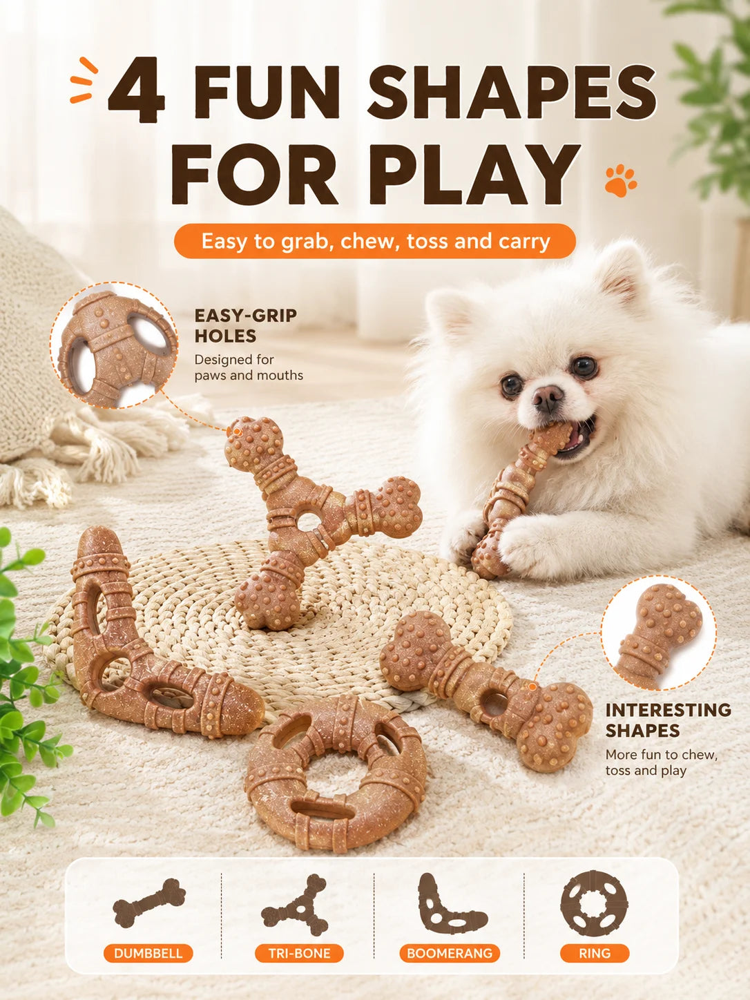 Dog Toy, Bone-Like Teething Stick, Durable, Tooth-Cleaning, Self-Entertaining and Boring, Small Dog-Shaped Pet Toy