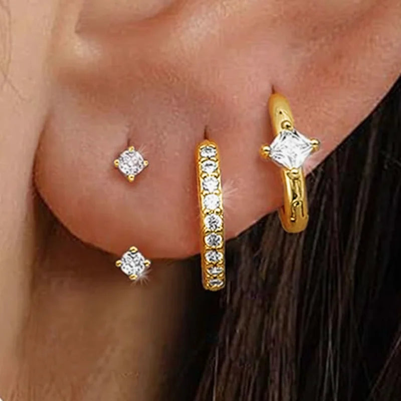 3PCS Stainless Steel Zircon Flower Star Ear Stud Earrings Set | 14K Gold Plated Chain Cartilage Piercing Earrings for Women