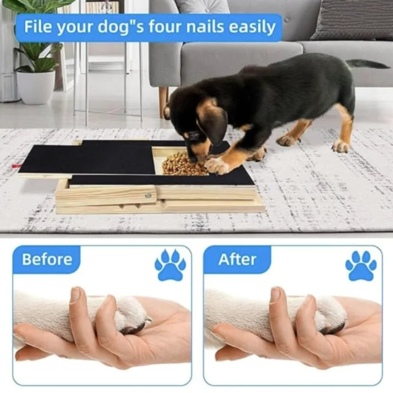 Wooden Pet Scratching Board with Built-in Treat Box Dog Nail Trim Pad Pull-Out Nail Scratch Board Toy Sandpaper Board Scratcher