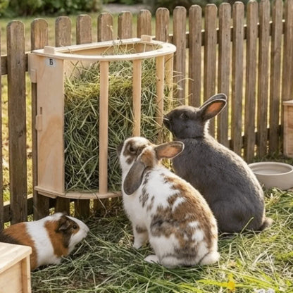 Practical Wooden Bunny Hay Feeder Hanging Fixed Built-in Hay Feeder Rack Detachable Grass Dispenser Guinea Pig Feeder Hamster