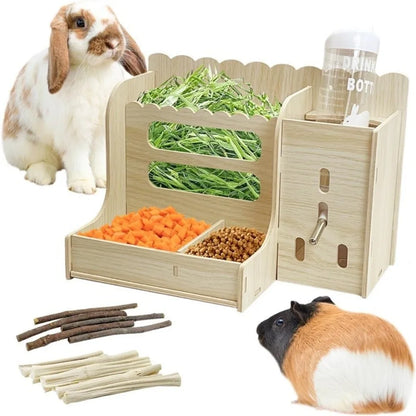 2 in 1 Rabbit Hay Feeder Bite Resistant Detachable Rabbit Food Manger with Bottle Rabbit Hay Rack Cage Accessories