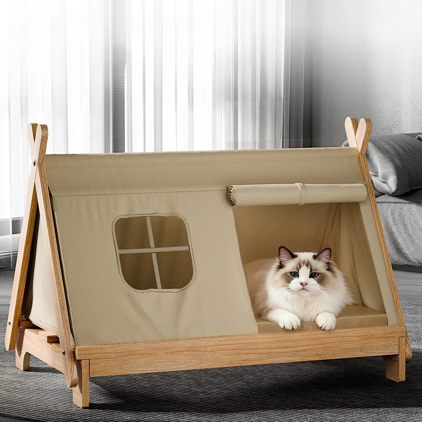 Cat Bed with Window Wooden Cat Tent Bed Elevated Pet House Dogs Bed with Stable Frame Pet Supplies Safe Comfortable Cat Bed