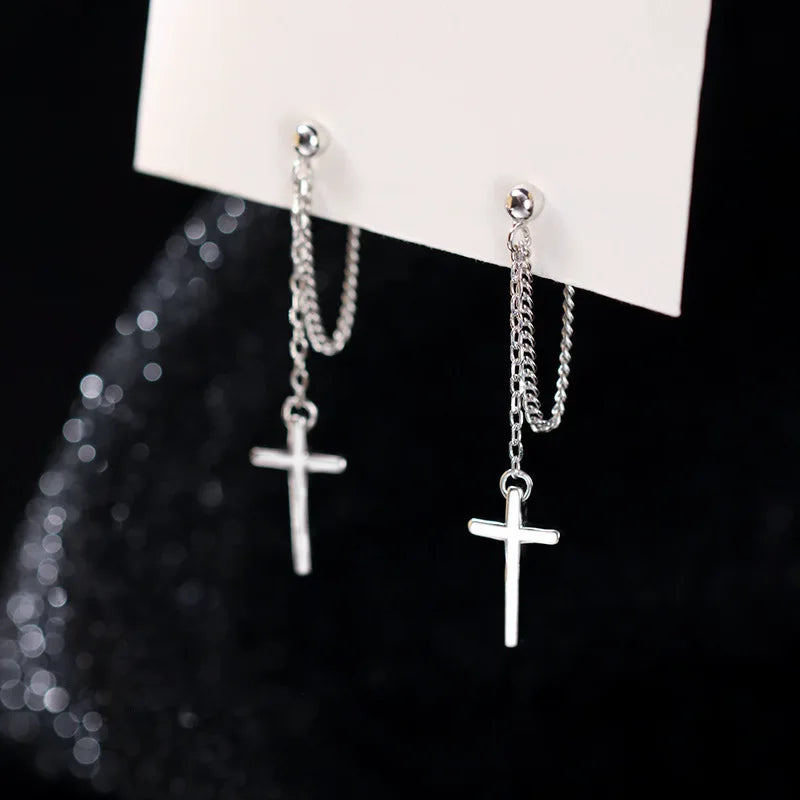 Korean Sliver Color Zircon Cross-Shape Drop Earrings | Punk Hip Hop Crystal Pendant Earrings