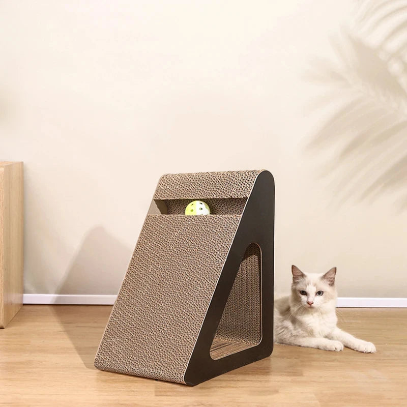 Eco-Friendly Corrugated Cat Scratcher 2-in-1 Triangle - with Rotating Ball, Sturdy Reversible Anti-Scratch Board for Indoor Cats