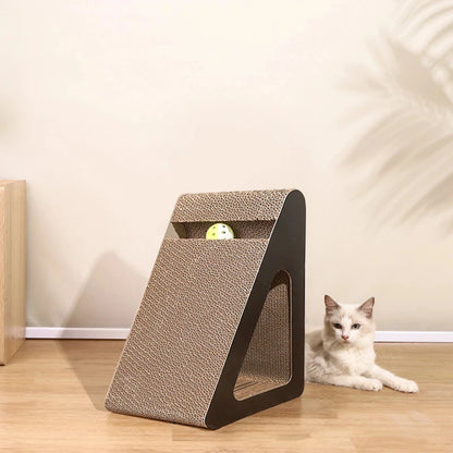 Eco-Friendly Corrugated Cat Scratcher 2-in-1 Triangle - with Rotating Ball, Sturdy Reversible Anti-Scratch Board for Indoor Cats