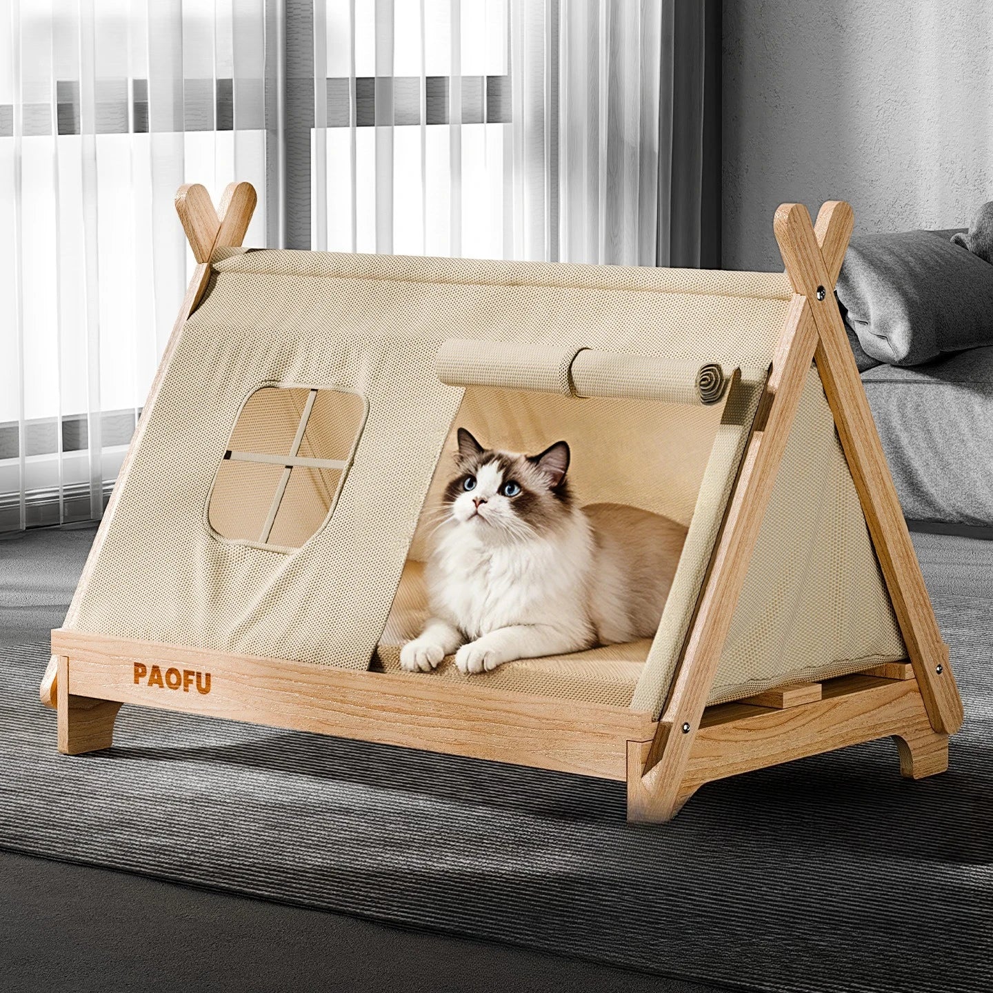 Cat Bed with Window Wooden Cat Tent Bed Elevated Pet House Dogs Bed with Stable Frame Pet Supplies Safe Comfortable Cat Bed