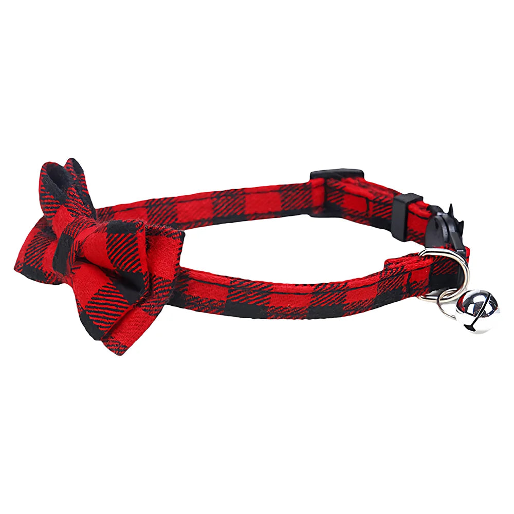 Pet Cat Adjustable Collar, British Plaid Bow Tie Collar, Pet Bell Collar with Buckle, Cat Dog Collar, 1PC