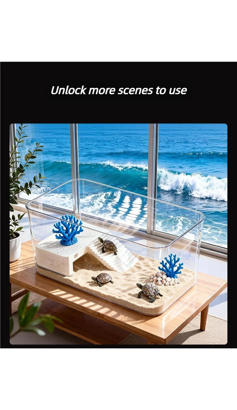 Transparent Reptile Terrarium Tank with Basking Area for Pet Turtles Hermit Crabs Tortoises - Turtle Adoption Habitat