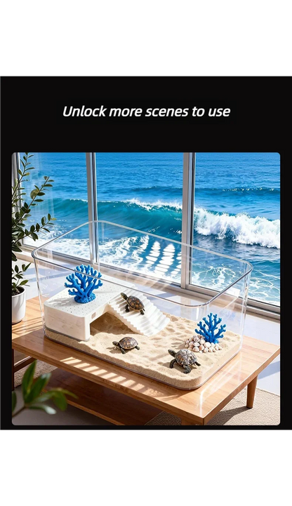 Transparent Reptile Terrarium Tank with Basking Area for Pet Turtles Hermit Crabs Tortoises - Turtle Adoption Habitat