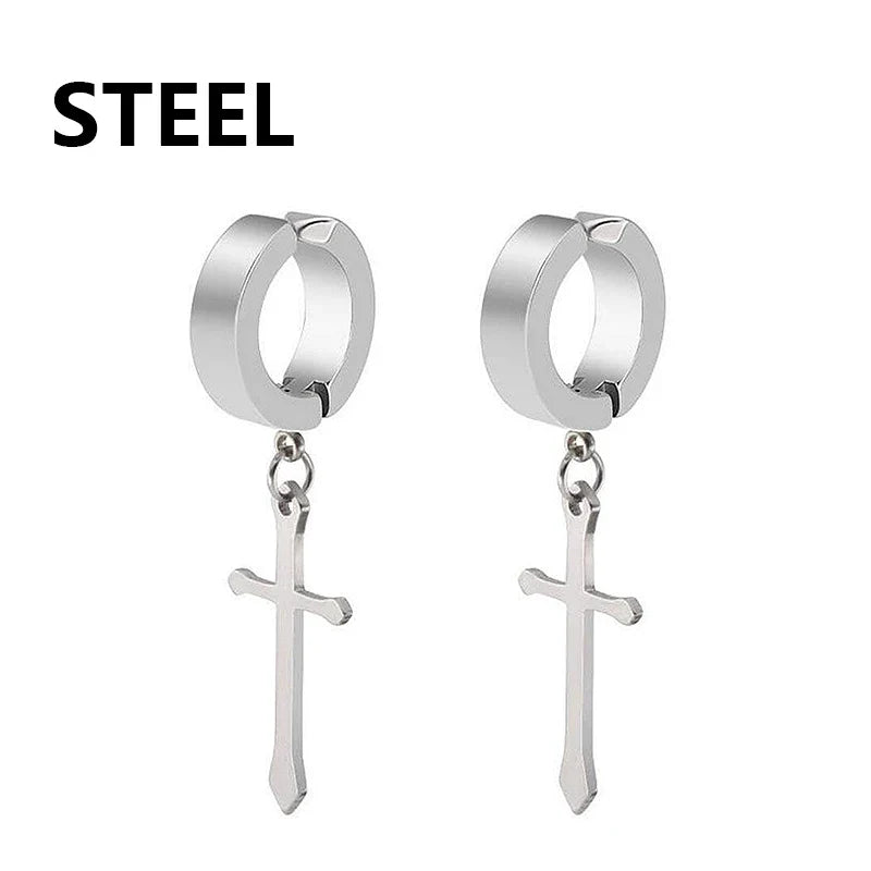 Punk Cross Stars Clip On Earrings | No Piercing Stainless Steel Ear Cuffs for Women Men