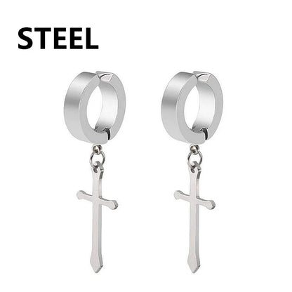 Punk Cross Stars Clip On Earrings | No Piercing Stainless Steel Ear Cuffs for Women Men
