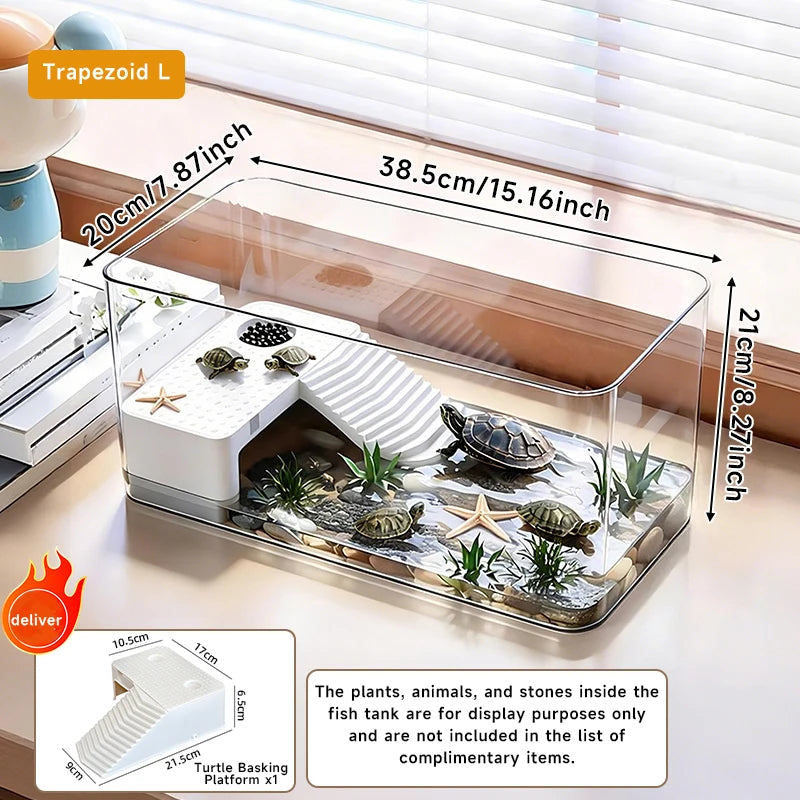 Transparent Reptile Terrarium Tank with Basking Area for Pet Turtles Hermit Crabs Tortoises - Turtle Adoption Habitat