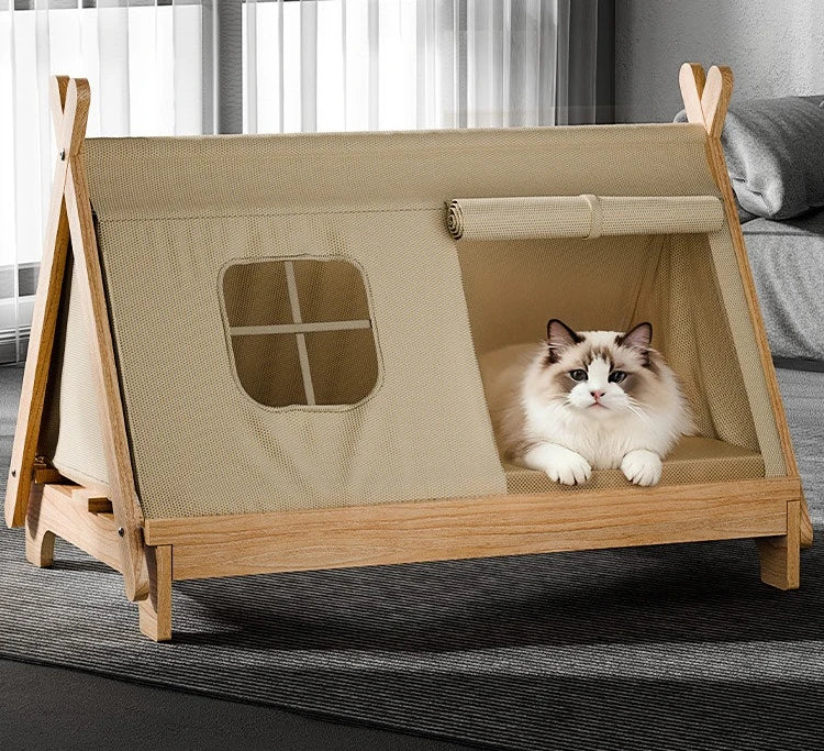 Cat Bed with Window Wooden Cat Tent Bed Elevated Pet House Dogs Bed with Stable Frame Pet Supplies Safe Comfortable Cat Bed