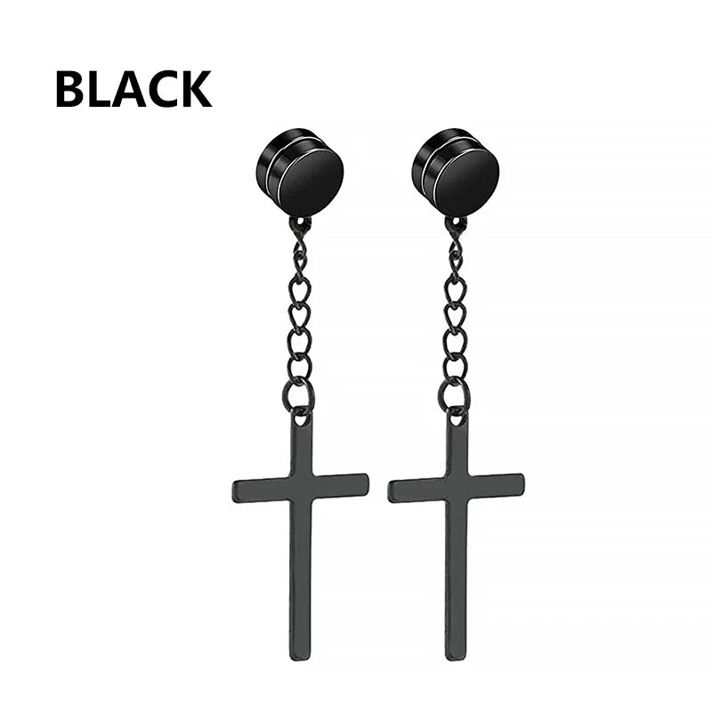 Punk Cross Stars Clip On Earrings | No Piercing Stainless Steel Ear Cuffs for Women Men