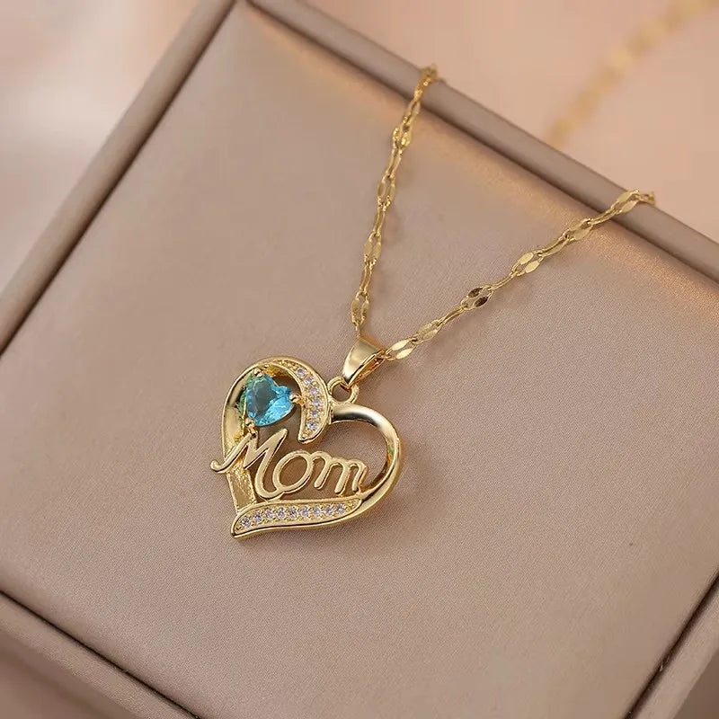 Mama Heart Pendant Necklace | Stainless Steel Crystal Choker for Women