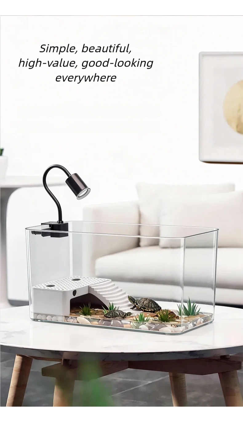 Transparent Reptile Terrarium Tank with Basking Area for Pet Turtles Hermit Crabs Tortoises - Turtle Adoption Habitat