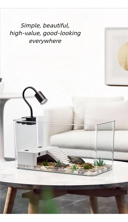 Transparent Reptile Terrarium Tank with Basking Area for Pet Turtles Hermit Crabs Tortoises - Turtle Adoption Habitat