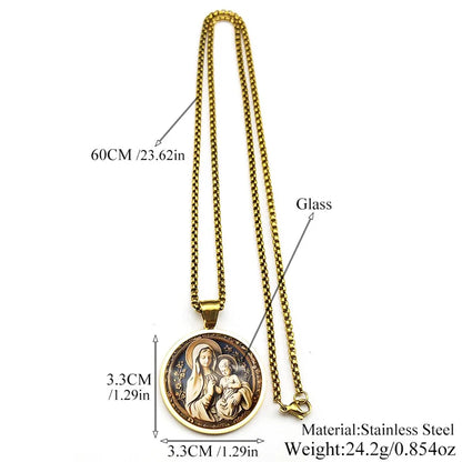 Virgin Mary Hold Baby Jesus Glass Round Medal Pendant Necklace | Gold Stainless Steel Catholic Amulet