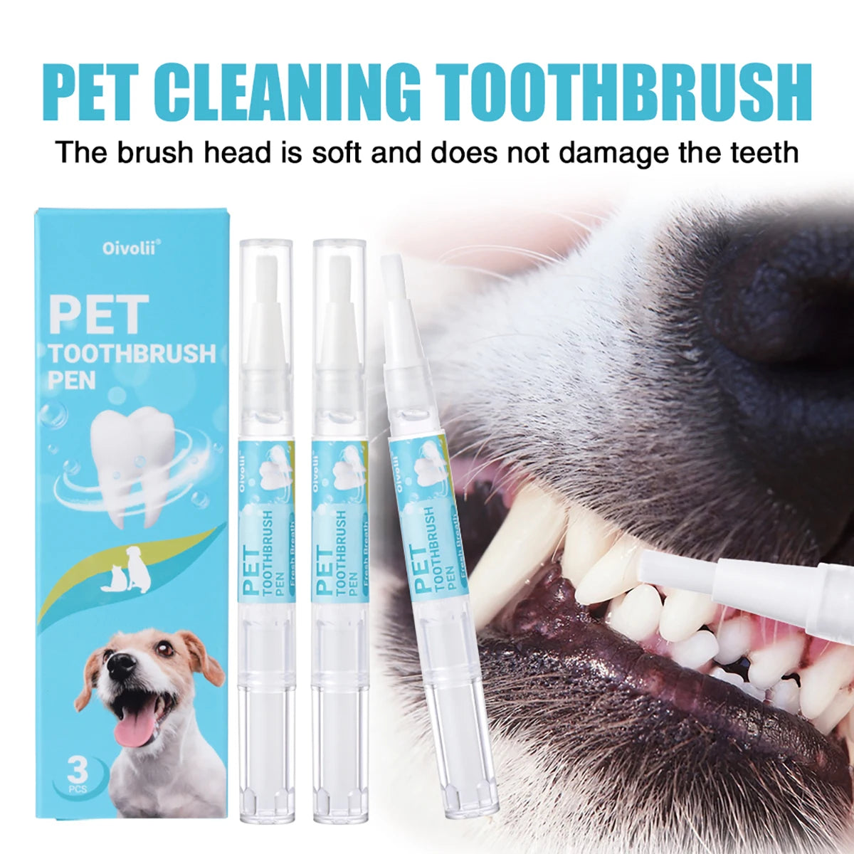 Pet Teeth Cleaning Pen with Soft Brush Dental Gel for Dogs & Cats Tartar Control Fresh Breath Soothes Gums Mild Formula 3pcs/box