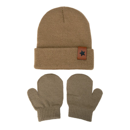 Baby Knitted Hat and Glove Set | Solid Winter Turban with Leather Star Tag
