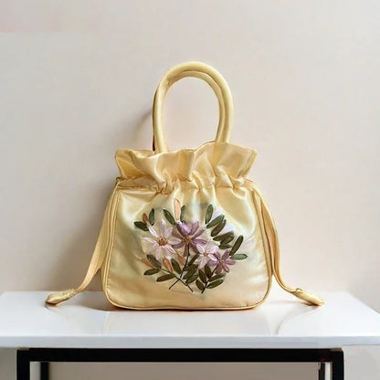 Small Embroidered Flower Bucket Bag | Women's Top Handle Drawstring Purse