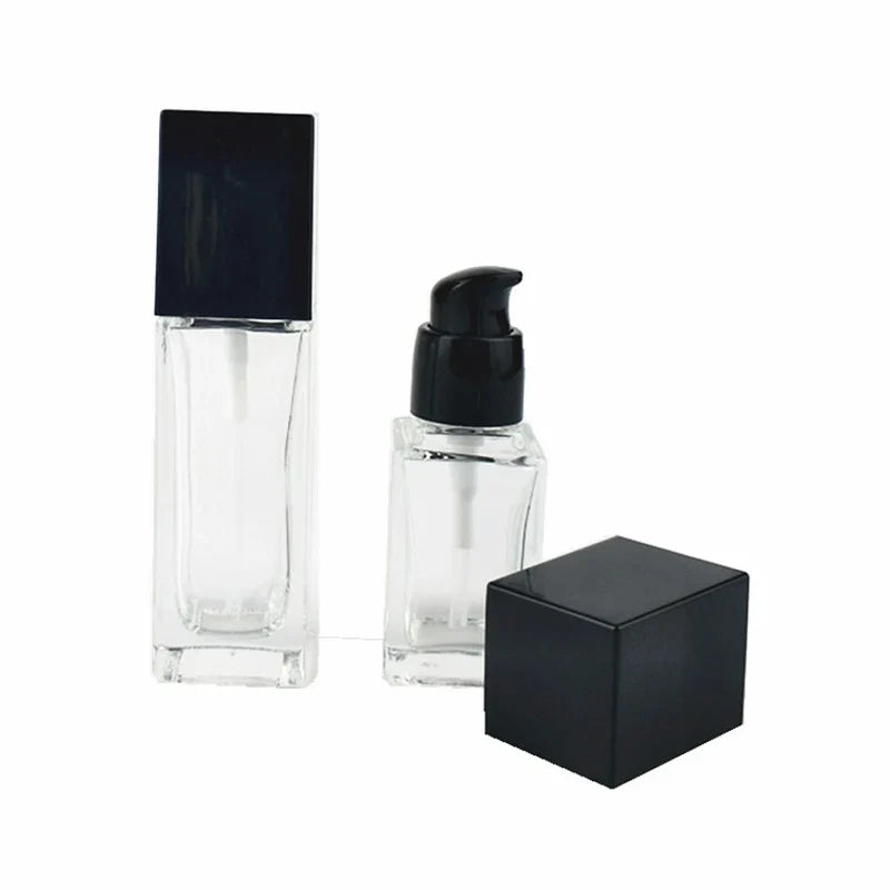 15/30ml Empty Pump Bottle Glass Liquid Foundation Container | Transparent Square Refillable Travel Bottle