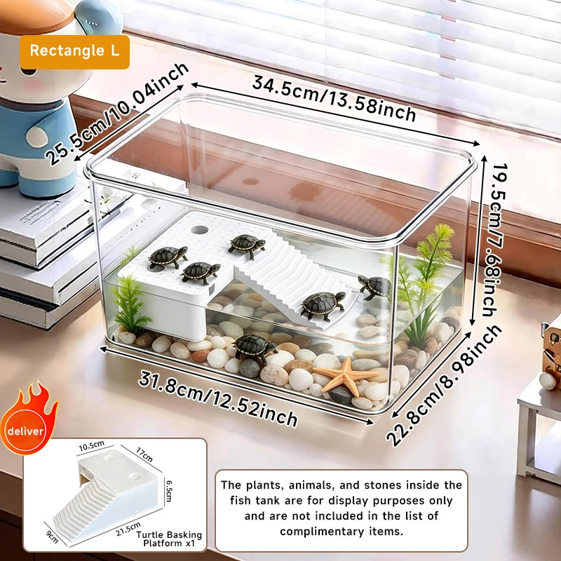 Transparent Reptile Terrarium Tank with Basking Area for Pet Turtles Hermit Crabs Tortoises - Turtle Adoption Habitat