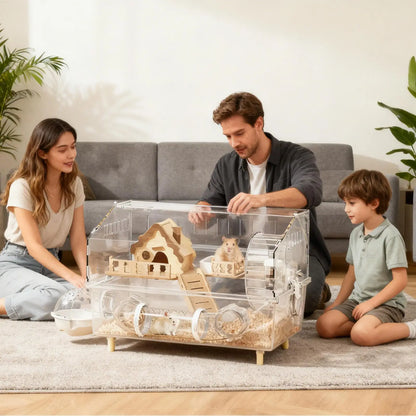 Acrylic Hamster Cage 2-Layer Clear Acrylic Pet Habitats Hamster Enclosure for Indoor Outdoor Home Yard Breeding Observation Pet