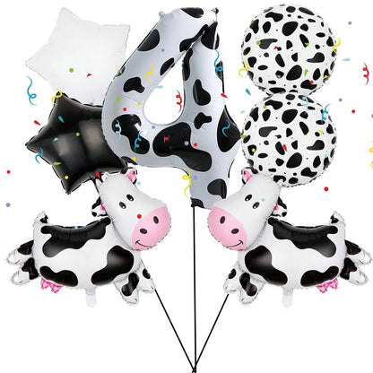 7pcs Cow Print Number Balloon Set | Farm Animal Birthday Party Decoration