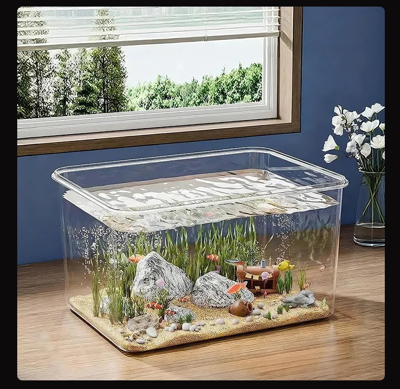 Transparent Reptile Terrarium Tank with Basking Area for Pet Turtles Hermit Crabs Tortoises - Turtle Adoption Habitat