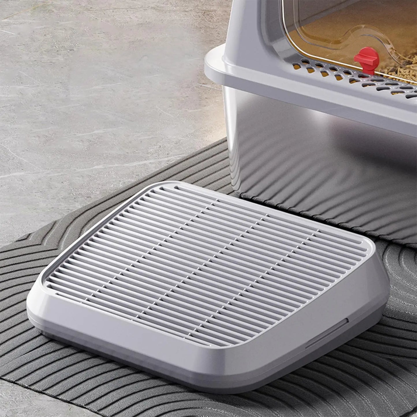 Cat Litter Tray With Sand Control Mechanism Double-layer Filtration Ramp Elevated Non-Slip Tray Anti Tracking Easy Cleaning