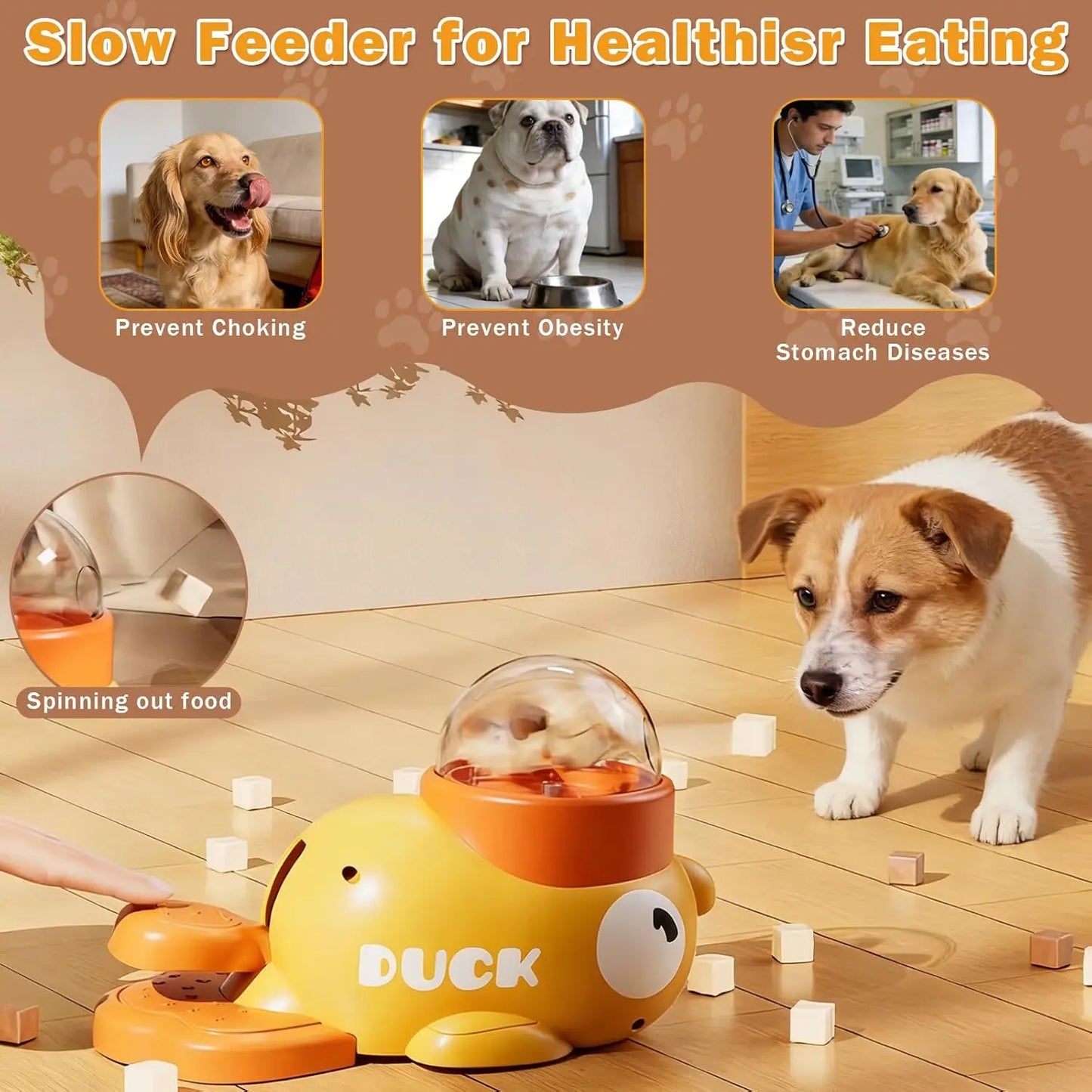 Pet interactive food distribution slow feeder, durable and cute duck shaped, intellectual training, reduces bloating (yellow)