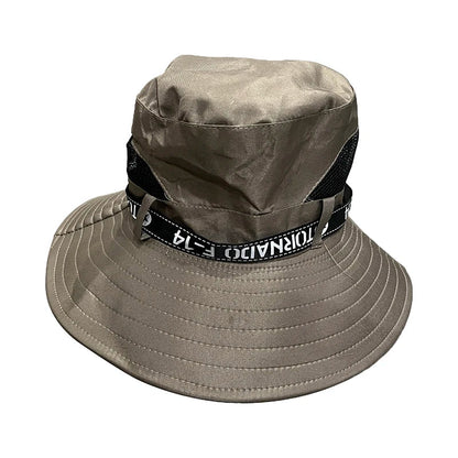 Windproof Men Outdoor Hat | Wide Brim Flat Top Fisherman Hat with Letter Print and Anti-UV Strap